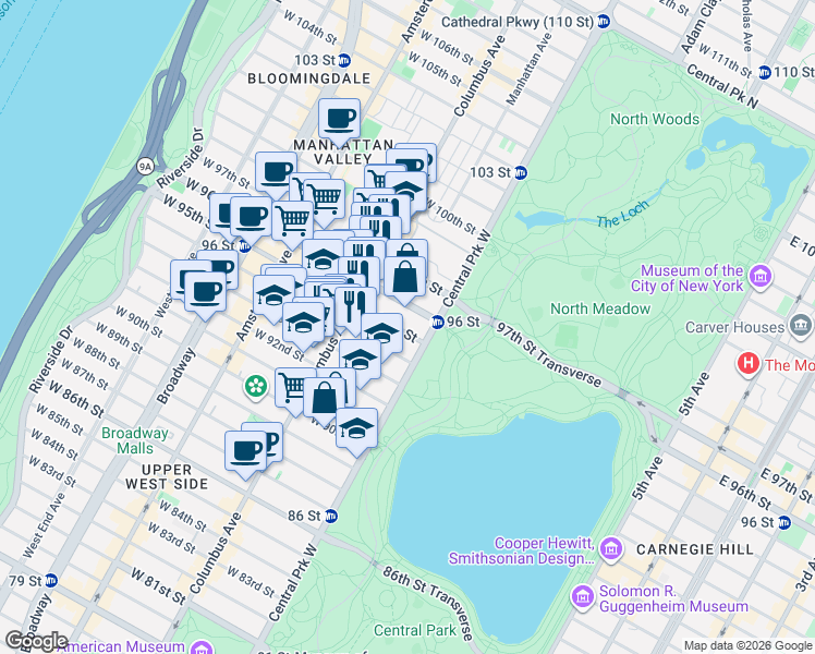map of restaurants, bars, coffee shops, grocery stores, and more near 31 West 94th Street in New York