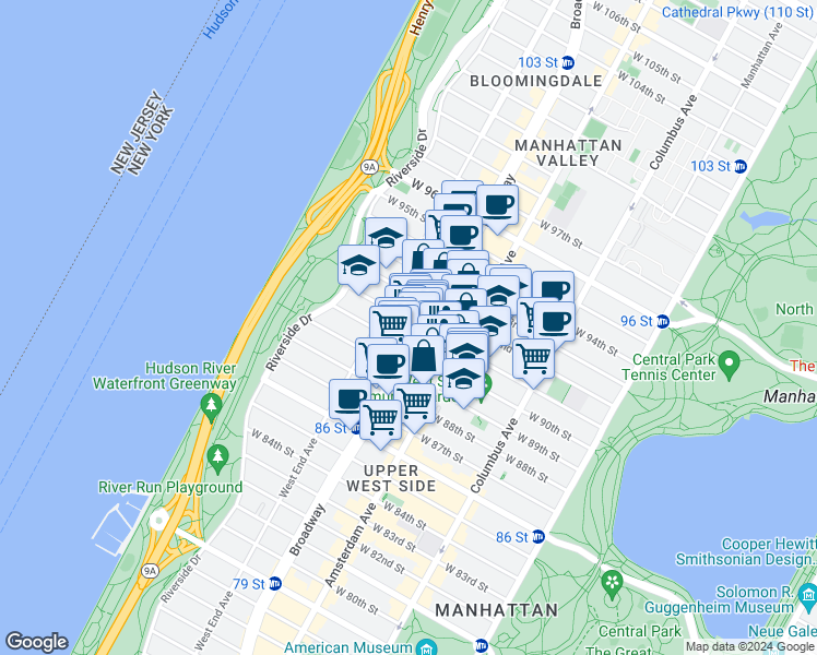 map of restaurants, bars, coffee shops, grocery stores, and more near 203 West 90th Street in New York