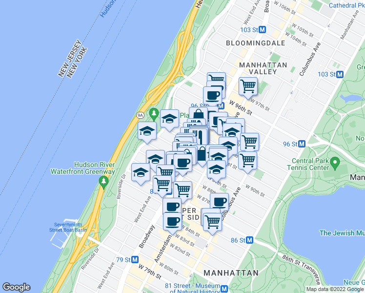 map of restaurants, bars, coffee shops, grocery stores, and more near 250 West 90th Street in New York