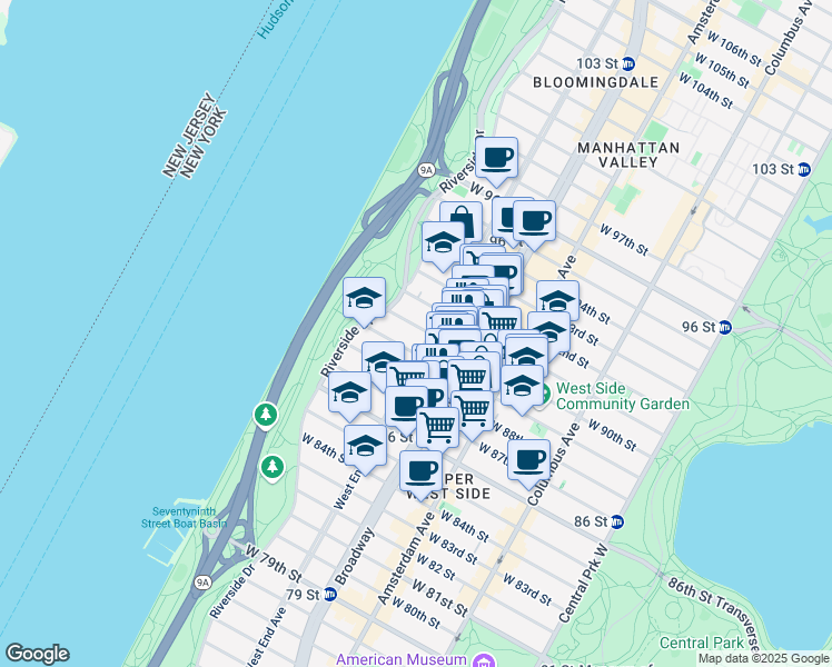 map of restaurants, bars, coffee shops, grocery stores, and more near 304 West 89th Street in New York