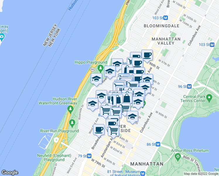 map of restaurants, bars, coffee shops, grocery stores, and more near 304 West 89th Street in New York