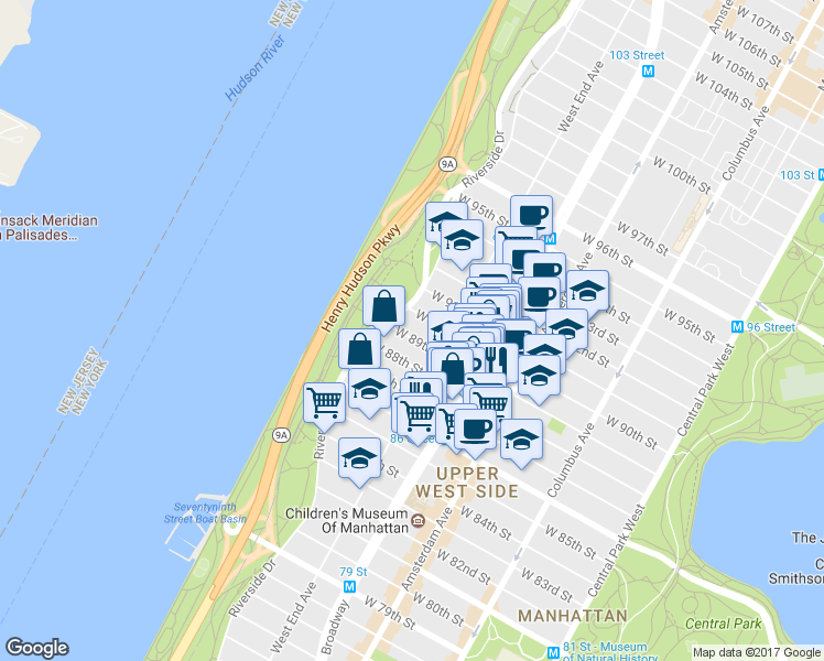 map of restaurants, bars, coffee shops, grocery stores, and more near 304 West 89th Street in New York