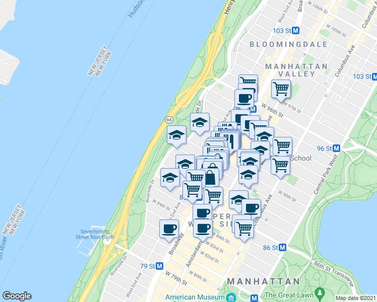 map of restaurants, bars, coffee shops, grocery stores, and more near 304 West 89th Street in New York