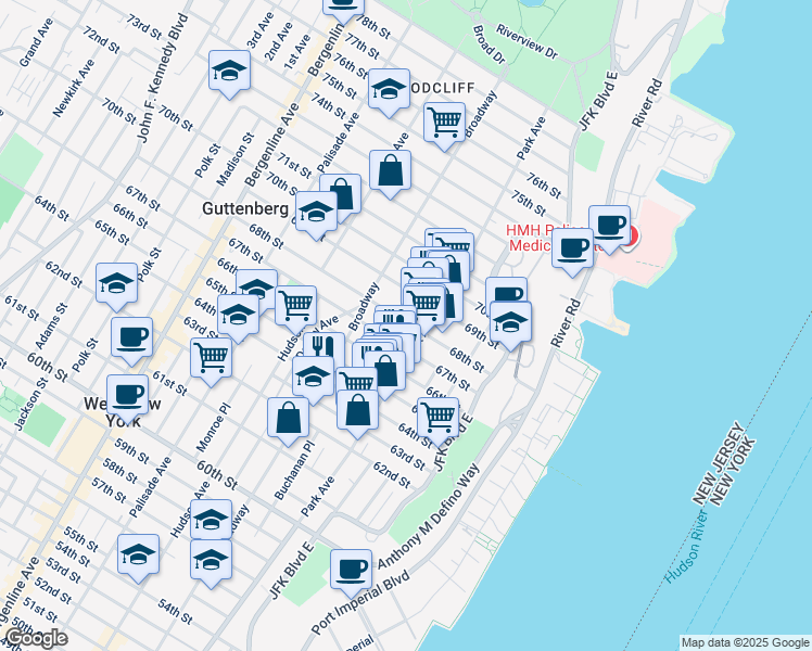 map of restaurants, bars, coffee shops, grocery stores, and more near in West New York