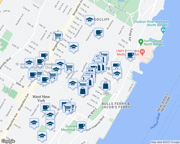 map of restaurants, bars, coffee shops, grocery stores, and more near in West New York