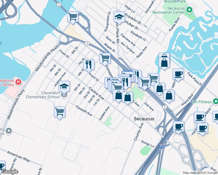 map of restaurants, bars, coffee shops, grocery stores, and more near 163 Front Street in Secaucus