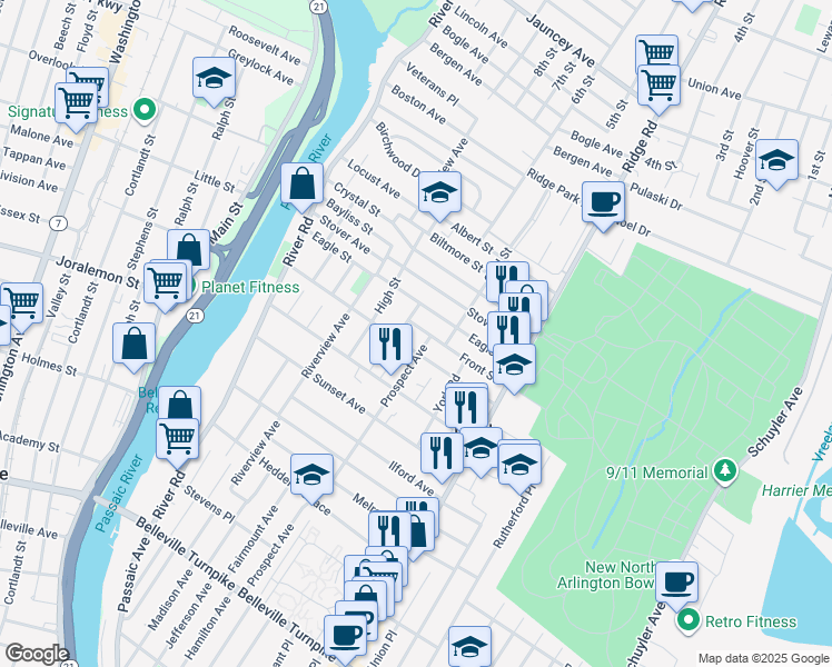 map of restaurants, bars, coffee shops, grocery stores, and more near 75 Arlington Boulevard in North Arlington