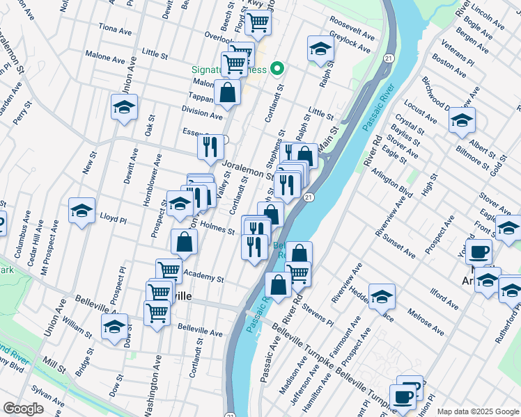 map of restaurants, bars, coffee shops, grocery stores, and more near 204 Stephens Street in Belleville