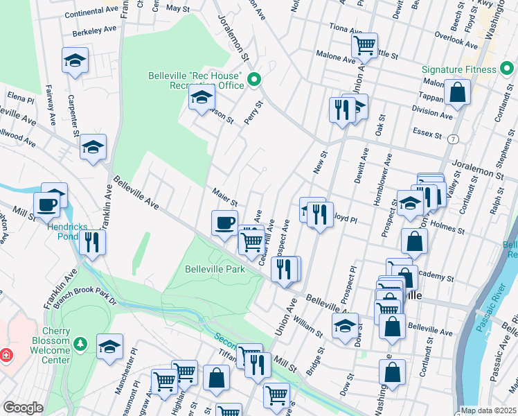 map of restaurants, bars, coffee shops, grocery stores, and more near 66 Columbus Avenue in Belleville