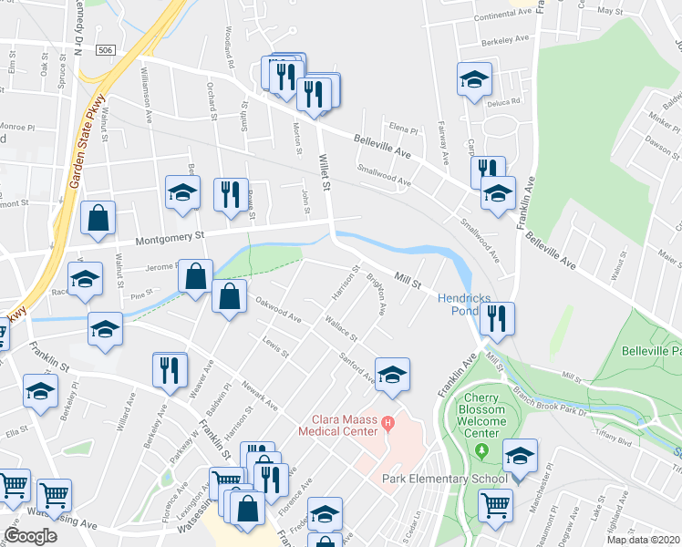 map of restaurants, bars, coffee shops, grocery stores, and more near 73 Harrison Street in Belleville