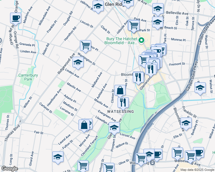 map of restaurants, bars, coffee shops, grocery stores, and more near 87 Linden Avenue in Bloomfield
