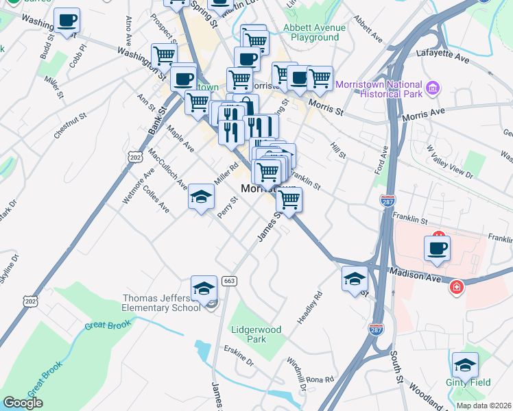 map of restaurants, bars, coffee shops, grocery stores, and more near 114 Maple Avenue in Morristown