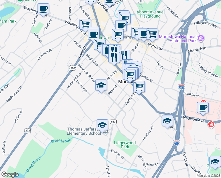 map of restaurants, bars, coffee shops, grocery stores, and more near 21 Perry Street in Morristown