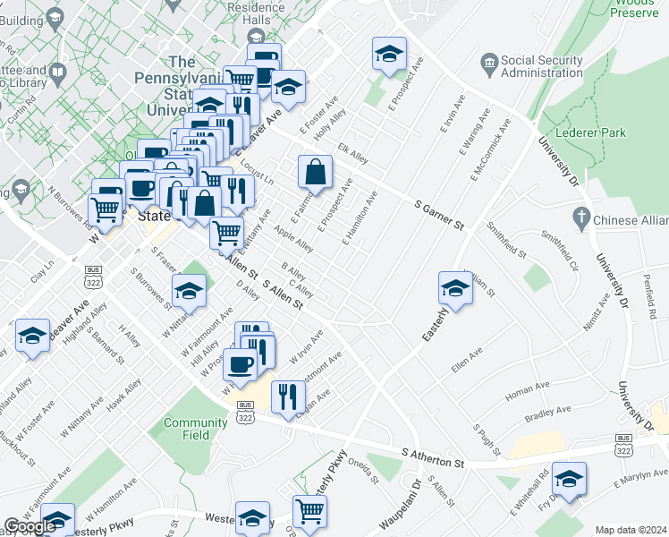 map of restaurants, bars, coffee shops, grocery stores, and more near 708 South Pugh Street in State College