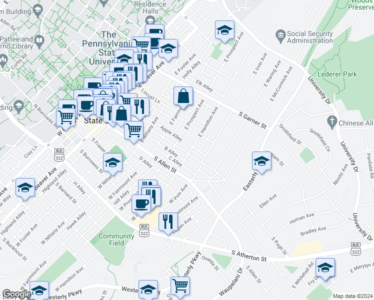 map of restaurants, bars, coffee shops, grocery stores, and more near 708 South Pugh Street in State College