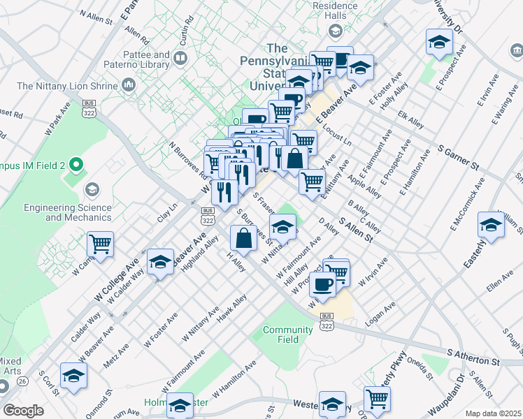 map of restaurants, bars, coffee shops, grocery stores, and more near 51 West Foster Avenue in State College