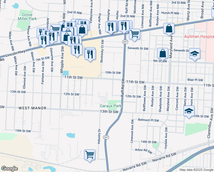 map of restaurants, bars, coffee shops, grocery stores, and more near 3830 11th Street Southwest in Canton