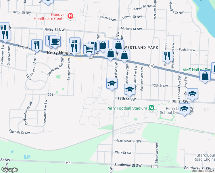 map of restaurants, bars, coffee shops, grocery stores, and more near 3469 Lincoln Way East in Massillon