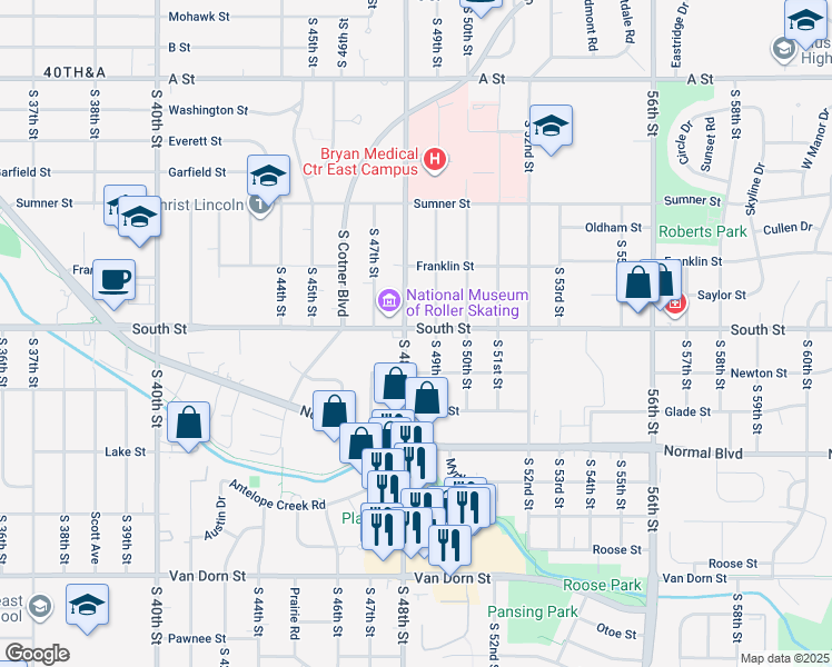 map of restaurants, bars, coffee shops, grocery stores, and more near 2125 South 48th Street in Lincoln