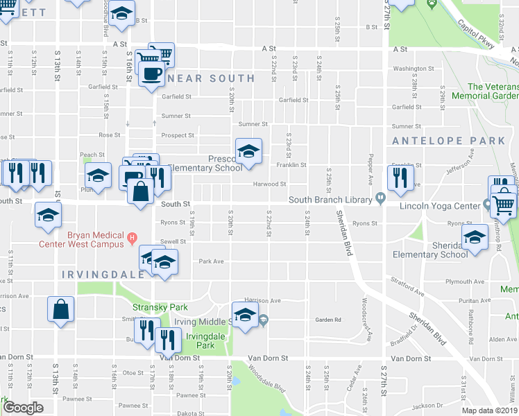 map of restaurants, bars, coffee shops, grocery stores, and more near 2133 South 22nd Street in Lincoln