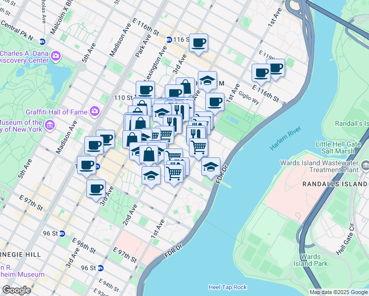 map of restaurants, bars, coffee shops, grocery stores, and more near 338 East 108th Street in New York