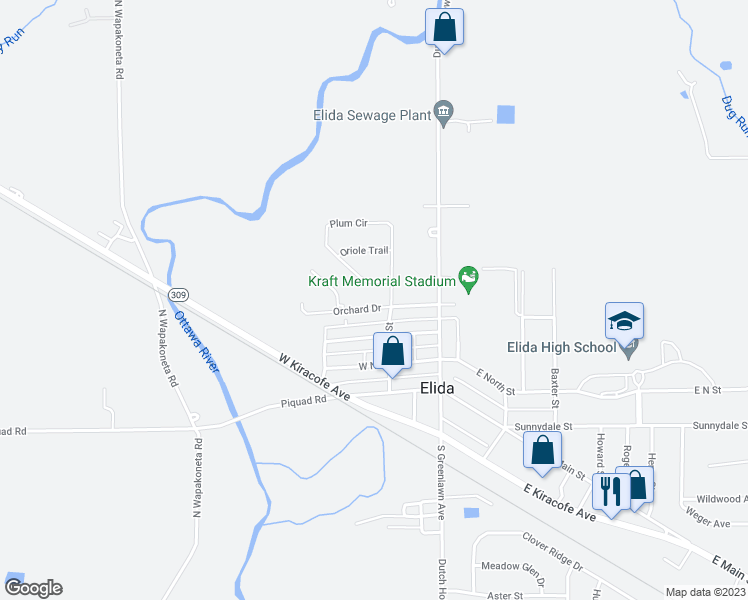 map of restaurants, bars, coffee shops, grocery stores, and more near 118 Orchard Drive in Elida