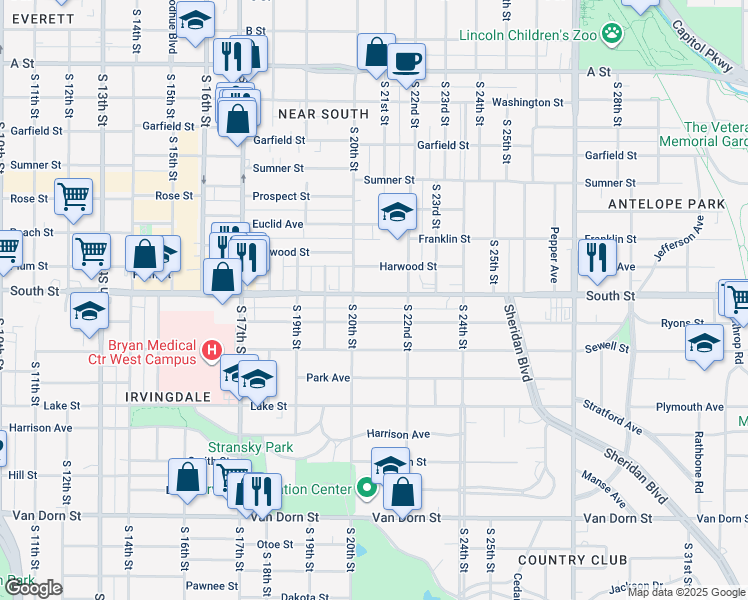 map of restaurants, bars, coffee shops, grocery stores, and more near 2020 Ryons Street in Lincoln