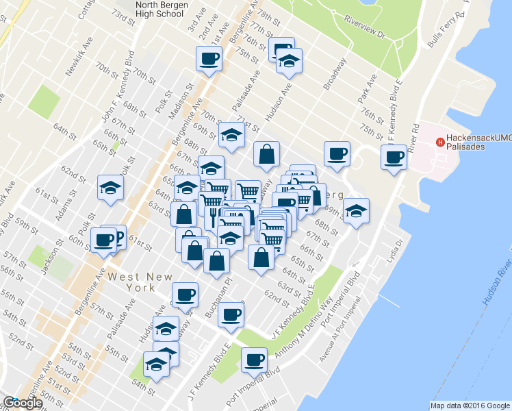 map of restaurants, bars, coffee shops, grocery stores, and more near 6614 Broadway in West New York