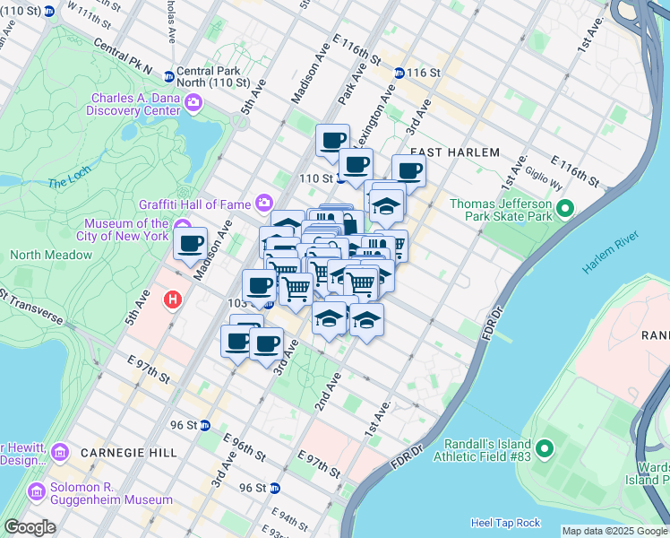 map of restaurants, bars, coffee shops, grocery stores, and more near East 106th Street in New York