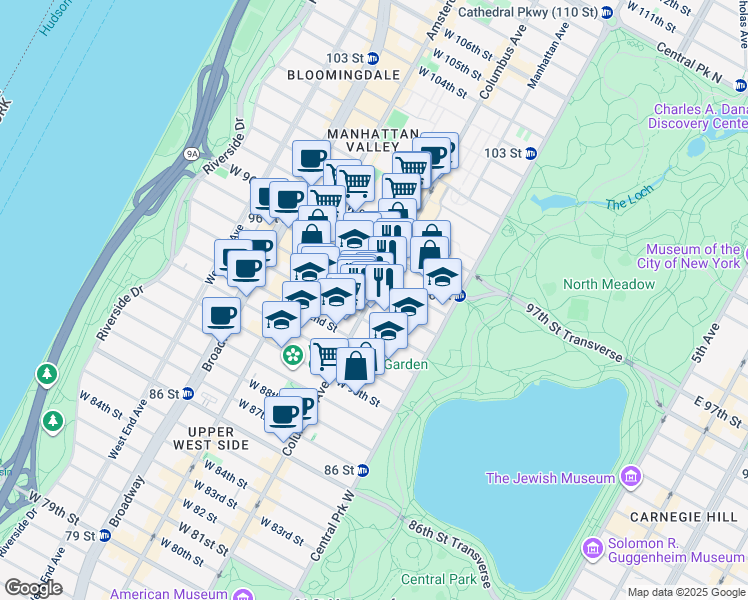 map of restaurants, bars, coffee shops, grocery stores, and more near 95 West 94th Street in New York