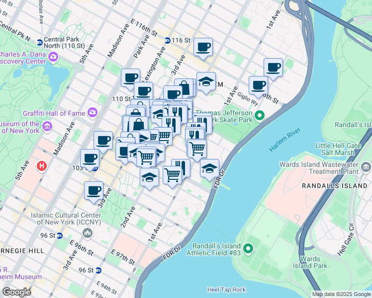 map of restaurants, bars, coffee shops, grocery stores, and more near 338 East 108th Street in New York