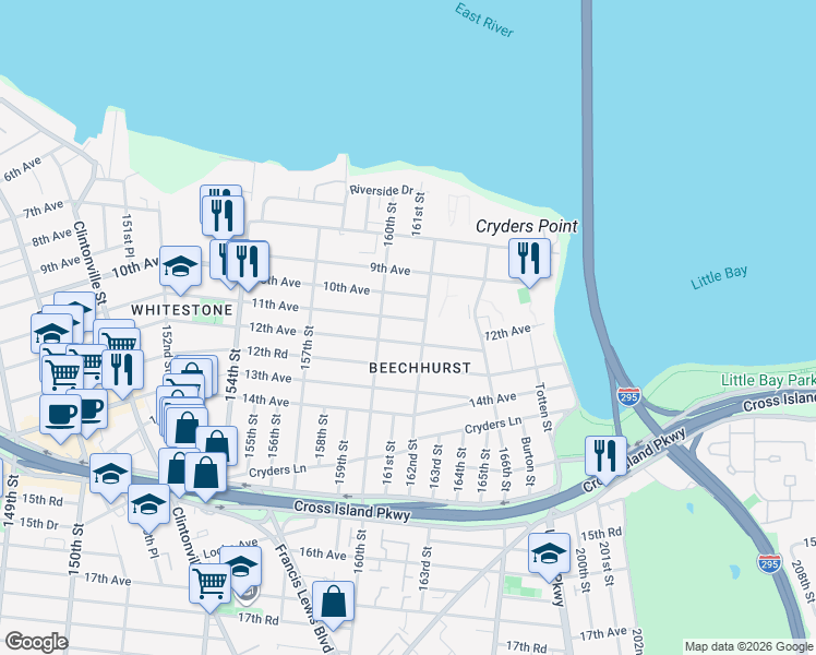 map of restaurants, bars, coffee shops, grocery stores, and more near 160-30 11th Avenue in Queens