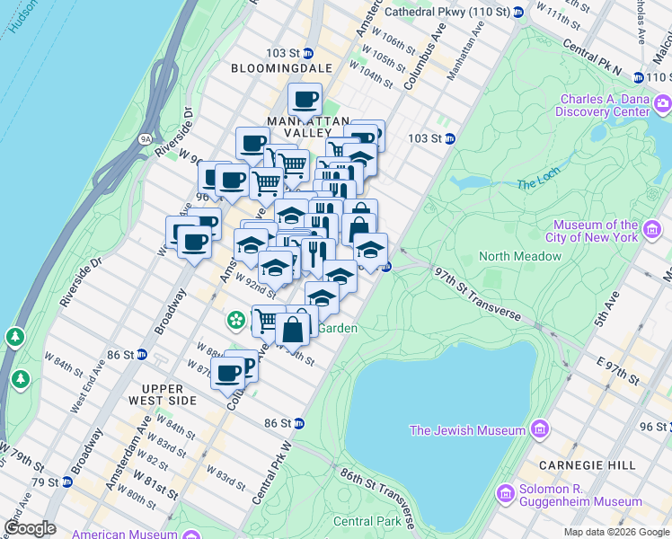map of restaurants, bars, coffee shops, grocery stores, and more near 31 West 94th Street in New York