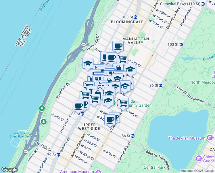 map of restaurants, bars, coffee shops, grocery stores, and more near 200 West 92nd Street in New York