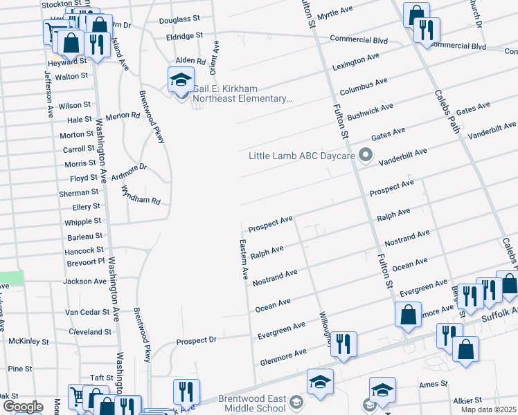 map of restaurants, bars, coffee shops, grocery stores, and more near 5 Prospect Avenue in Brentwood