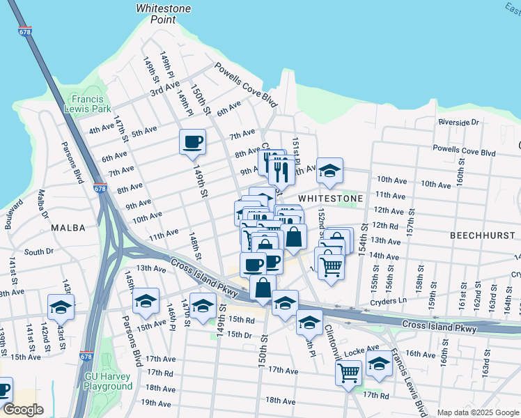 map of restaurants, bars, coffee shops, grocery stores, and more near 150-31 12th Avenue in Queens