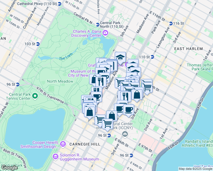 map of restaurants, bars, coffee shops, grocery stores, and more near 24 103rd Street in New York