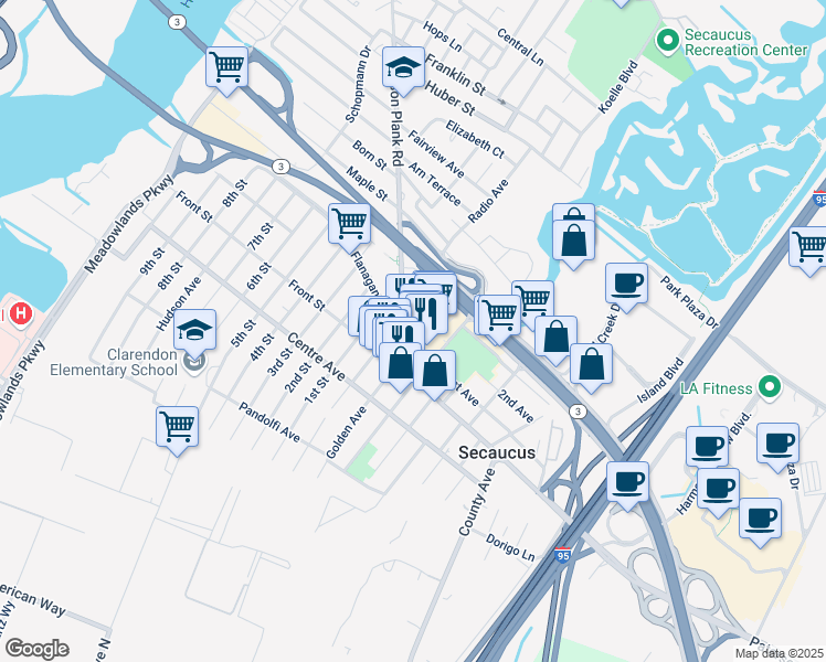 map of restaurants, bars, coffee shops, grocery stores, and more near in Secaucus