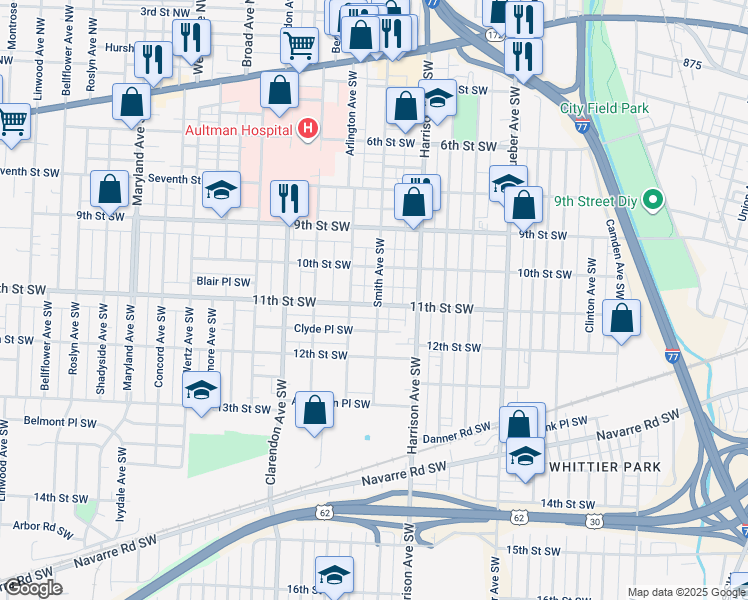 map of restaurants, bars, coffee shops, grocery stores, and more near 1037 Smith Avenue Southwest in Canton