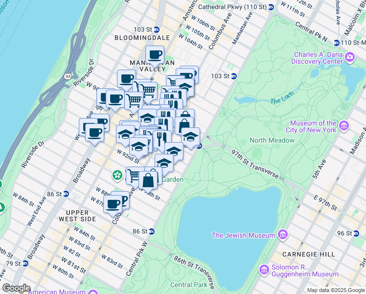 map of restaurants, bars, coffee shops, grocery stores, and more near 25 West 95th Street in New York
