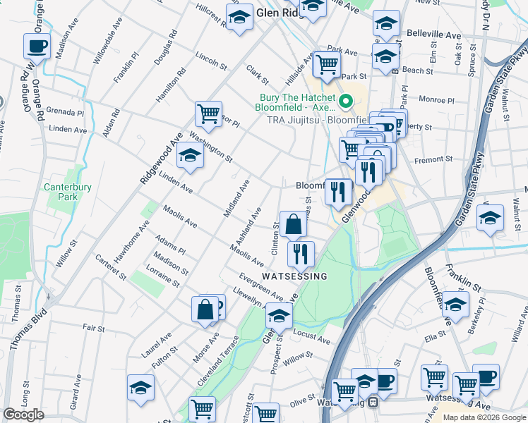 map of restaurants, bars, coffee shops, grocery stores, and more near 87 Linden Avenue in Bloomfield