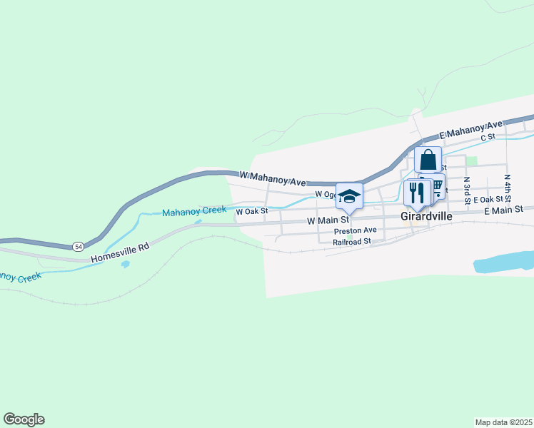 map of restaurants, bars, coffee shops, grocery stores, and more near 18 Julia Street in Girardville
