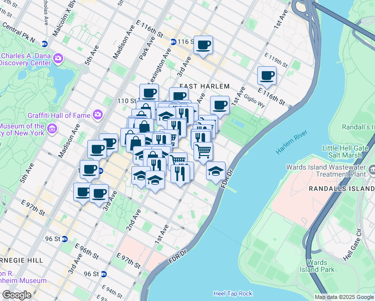 map of restaurants, bars, coffee shops, grocery stores, and more near in New York