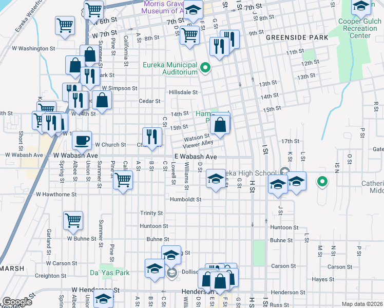 map of restaurants, bars, coffee shops, grocery stores, and more near 230 East Wabash Avenue in Eureka