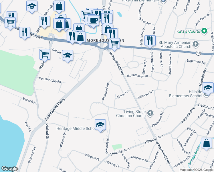map of restaurants, bars, coffee shops, grocery stores, and more near 9 Penwood Road in Livingston