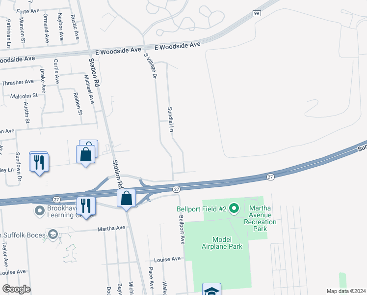 map of restaurants, bars, coffee shops, grocery stores, and more near 49 Sundial Lane in Bellport