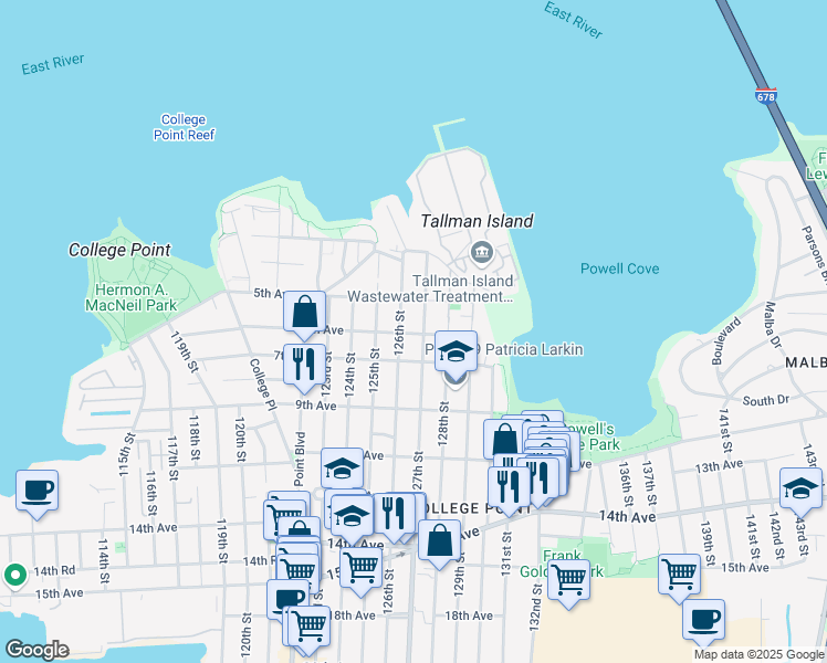 map of restaurants, bars, coffee shops, grocery stores, and more near 126-17 6th Avenue in Queens