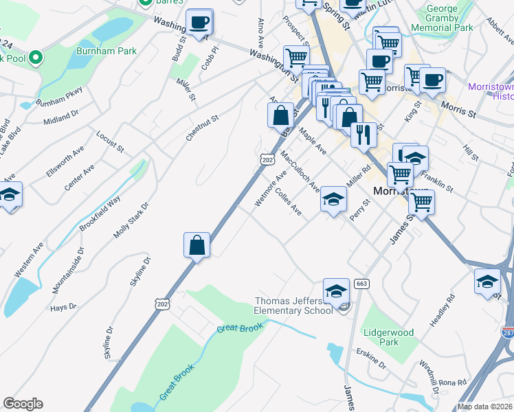 map of restaurants, bars, coffee shops, grocery stores, and more near 38 Wetmore Avenue in Morristown