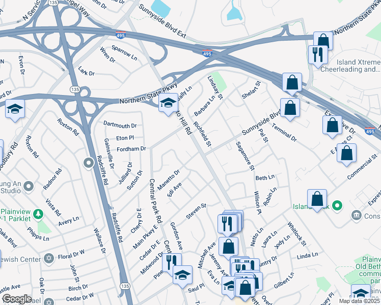 map of restaurants, bars, coffee shops, grocery stores, and more near 7 Manetto Drive in Plainview