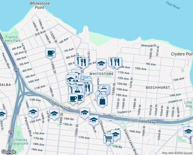 map of restaurants, bars, coffee shops, grocery stores, and more near 12-20 152nd Street in Queens